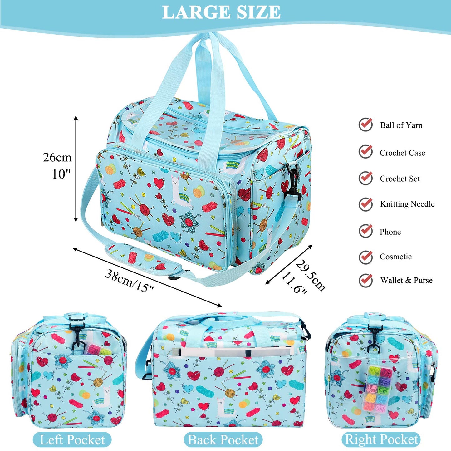 Coopay Yarn Storage Knitting Bag, Large Capacity Yarn Bag for Yarn and Knitting & Crochet Supplies, Detachable Shoulder Strap Portable Knitting Tote Bag Crochet Bag, Best Gifts for Crochet Lovers