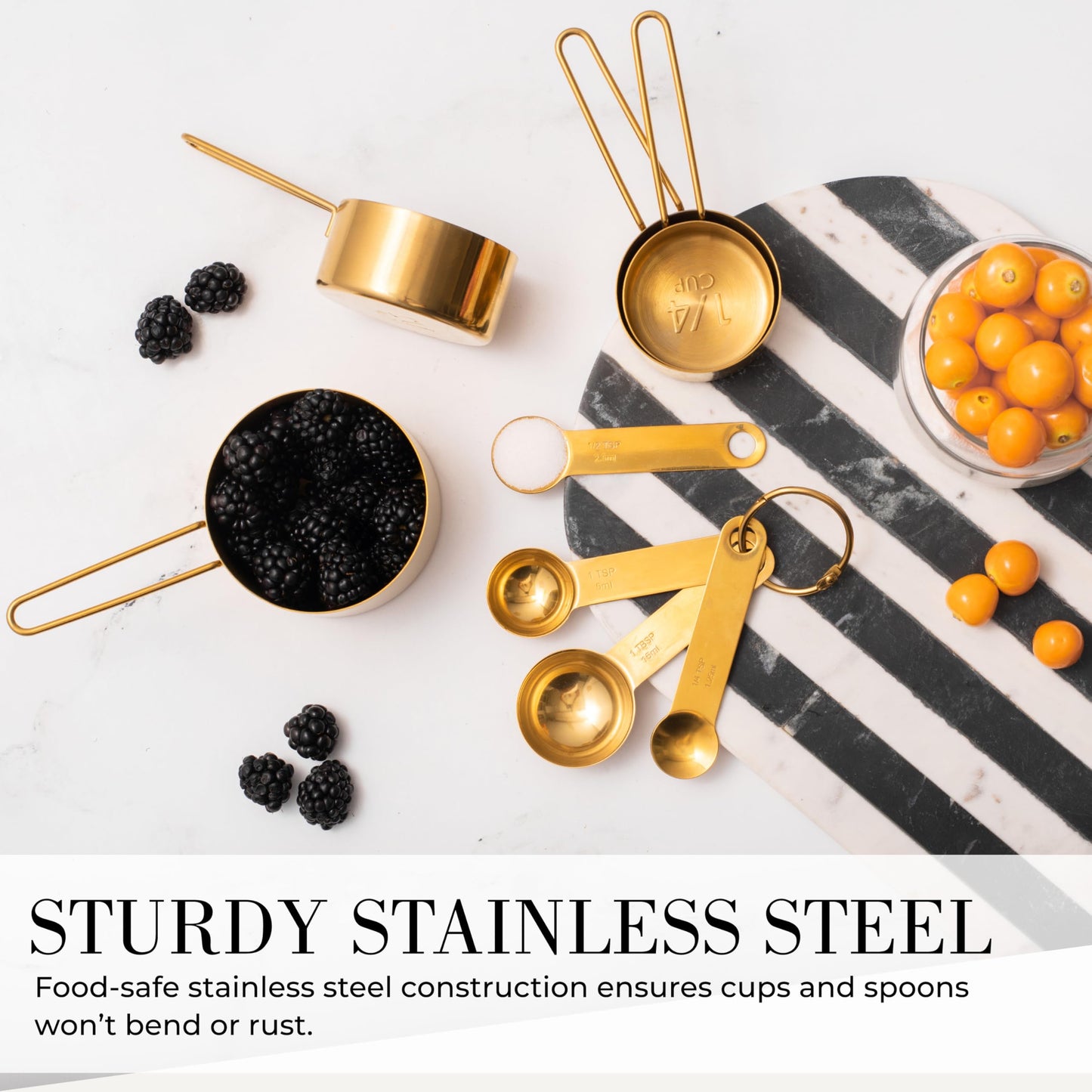 Styled Settings 19-Piece Kitchen Bundle – White and Black Salt and Pepper Grinders, Gold Measuring Cups, and Magnetic Measuring Spoons for Stylish and Functional Kitchens