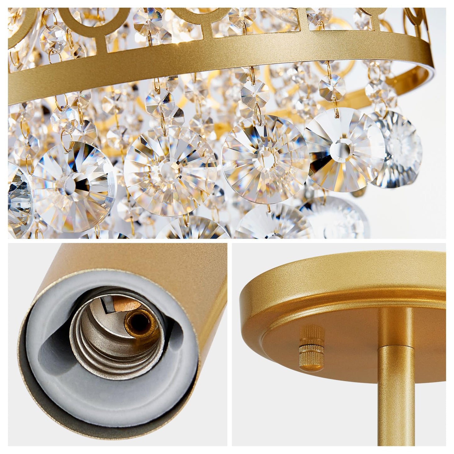 WUZUPS Crystal Drum Chandelier Flushmount Ceiling Light Modern Lighting Fixture for Entry Hallway Kitchen Bathroom Bedroom, H 16.3'' x W 13'', E12 Base, Gold
