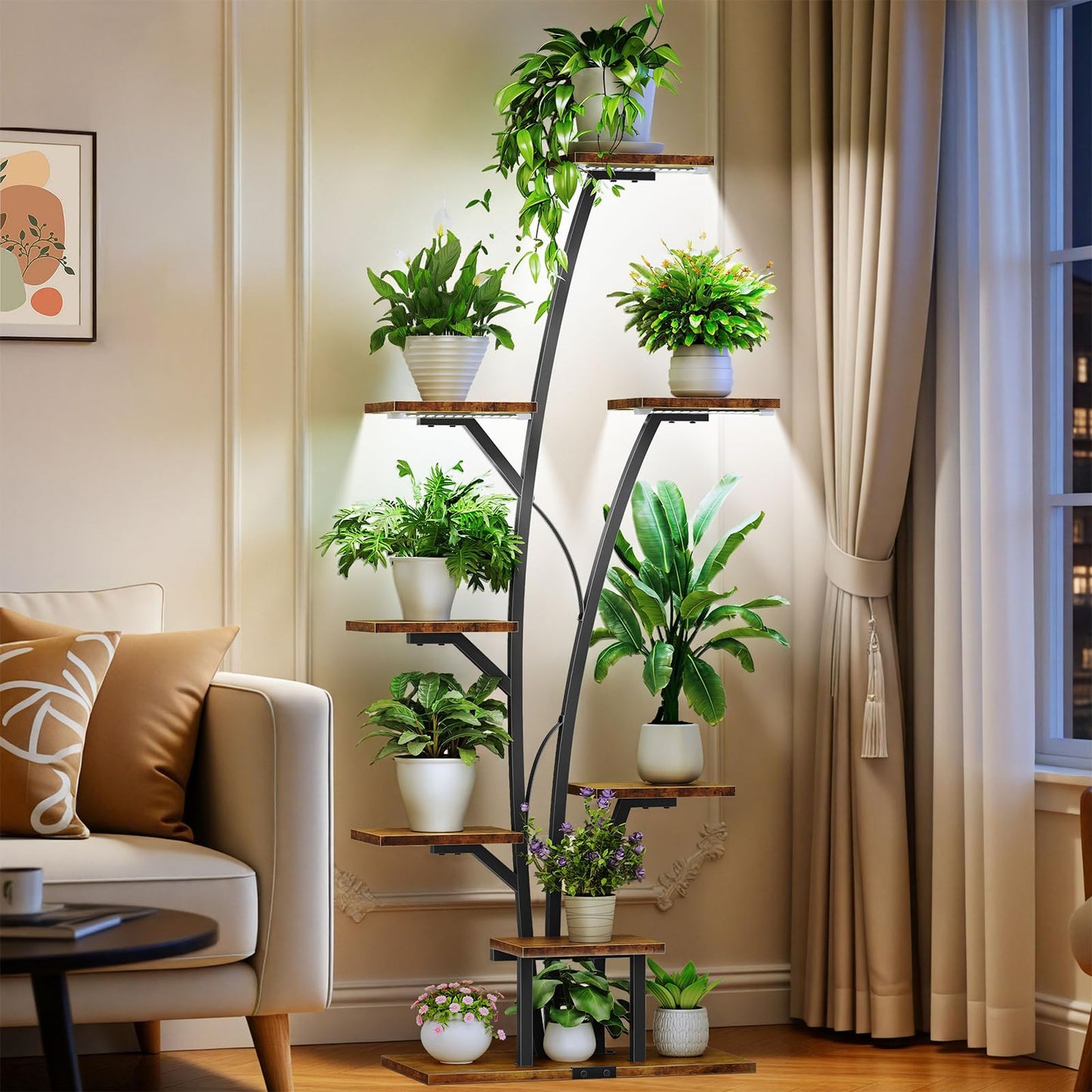 Kalrin 8-Tier Plant Stand Indoor with Grow Lights, 63" Tall Lighted Corner Plant Stands for Indoor Plants, Metal Plant Flower Display Shelves, Plant Shelf Plant Rack for Home, Living Room, Patio (Brown)