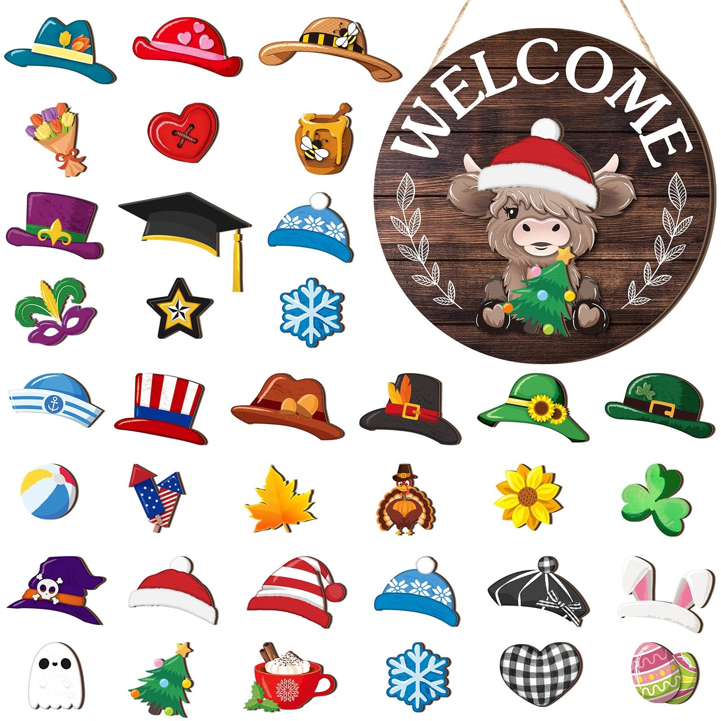 35 Pcs Christmas Interchangeable Highland Cow Welcome Sign Highland Cow Seasonal Wooden Hanging Door Decor Thanksgiving Farmhouse Hanging Sign for Front Door Xmas Party Decoration Gift