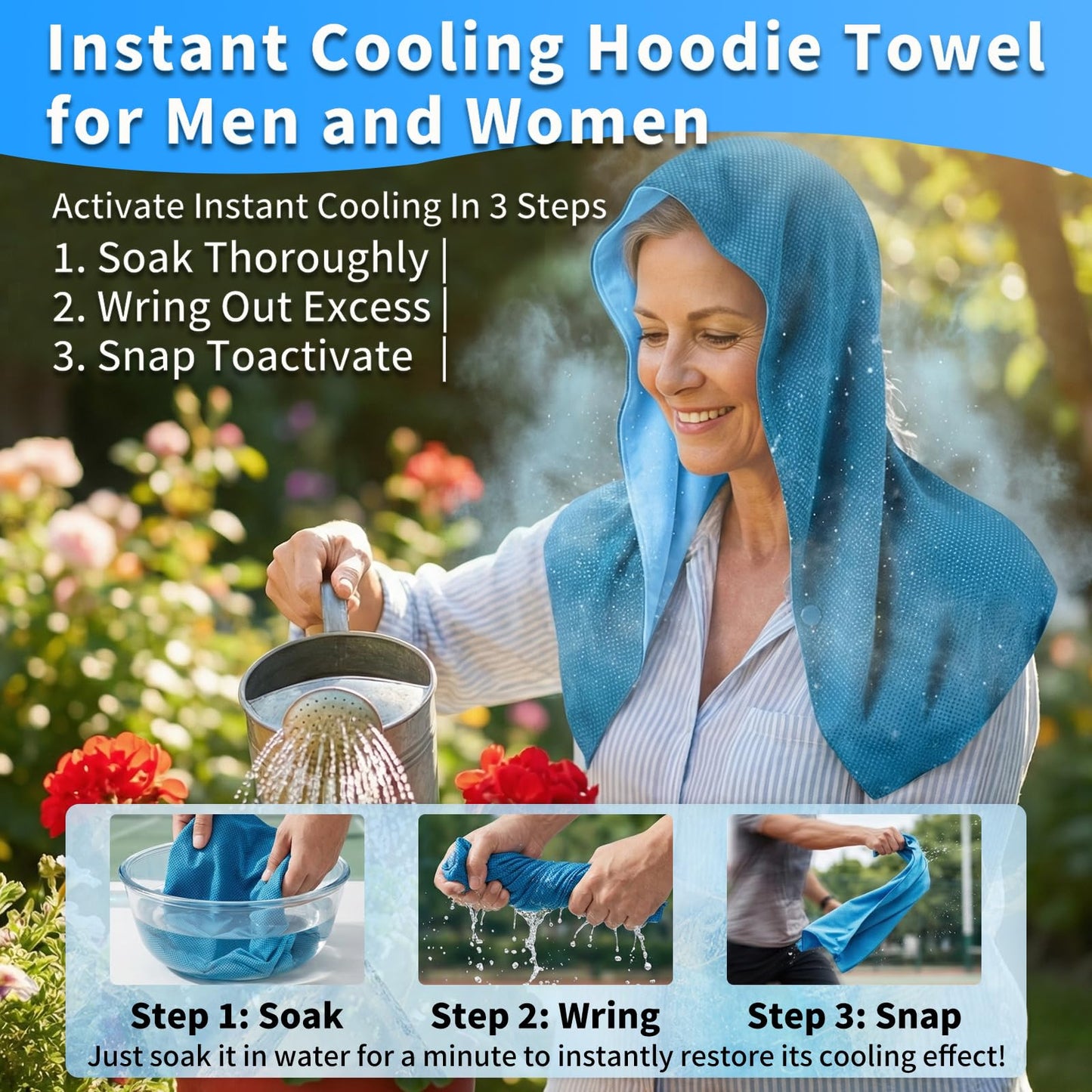 YITIAOYU Cooling Hoodie Towels for Men and Women - Double-Layer Breathable PVA Cooling Towels for Neck and Face, Instant Cold Hooded Ice Towel for Sports, Gym, Hiking, Cycling in Hot Weather (Blue)