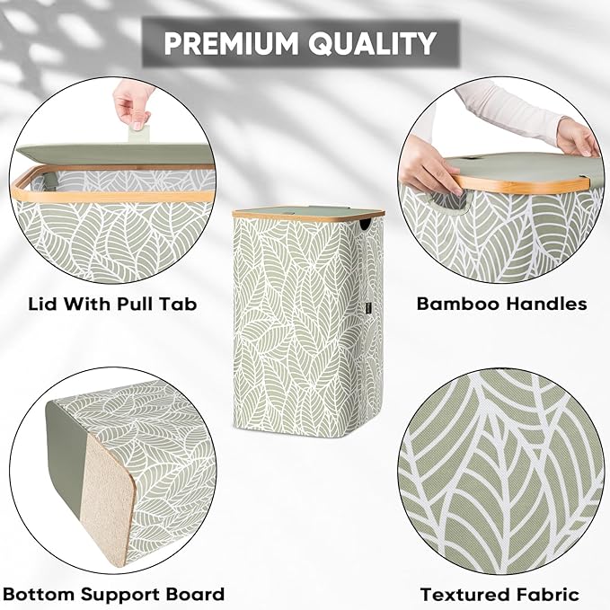 BALEINE Laundry Hamper with Lid, Tall Laundry Baskets with Bamboo Pull Handles