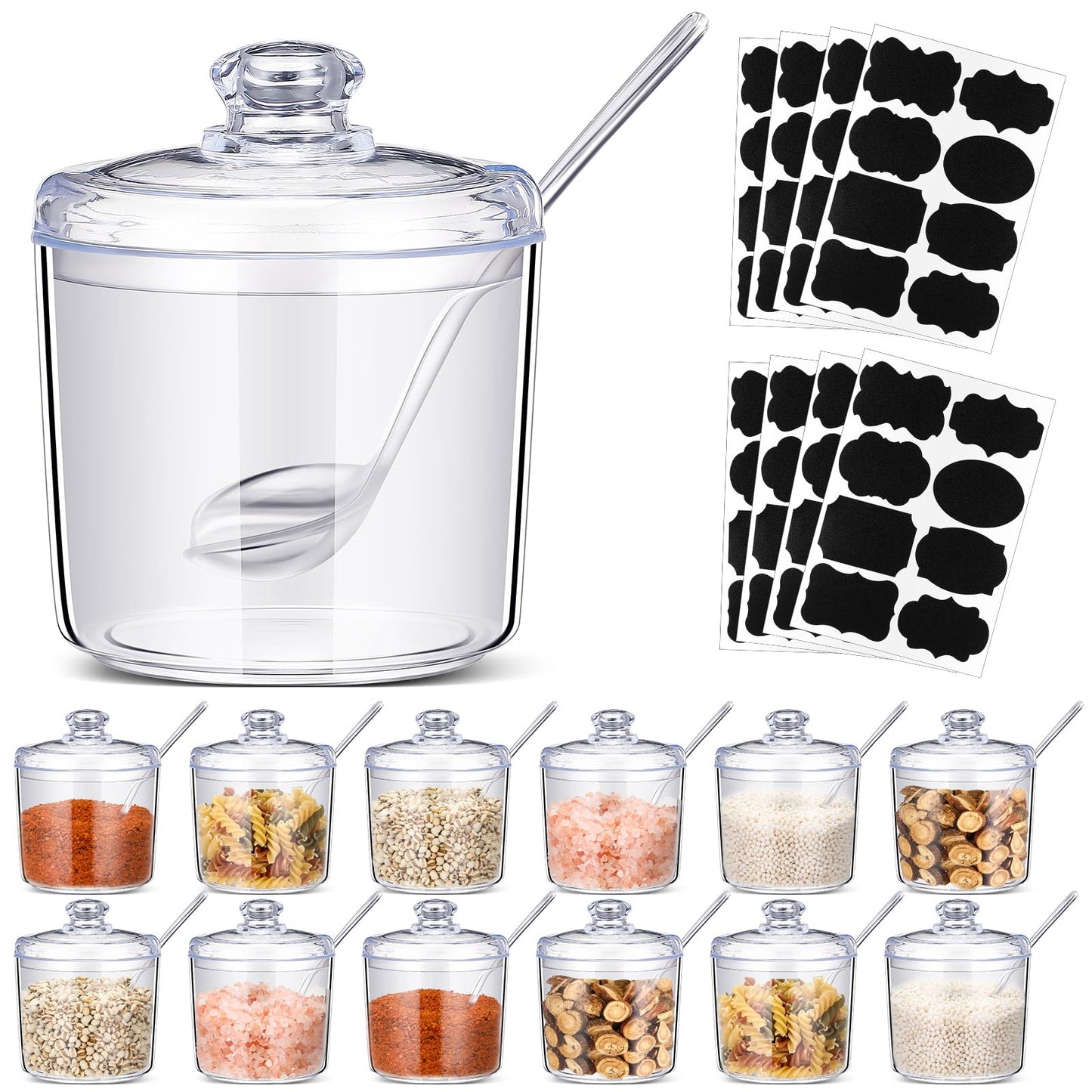 Tioncy 12 Pcs Ice Cream Bar Supplies Sugar Bowls with Lid and Spoon Acrylic Candy Dispenser Party Bar Sundae Caramel Apple Dipping Container with Tag (13 oz,Clear)
