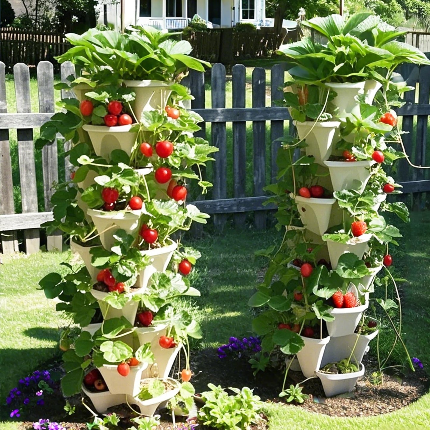 Lykvrii Strawberry Planters, 7 Tiered Vertical Stackable Planter, Herb Stacking Tower Garden, Flower Vegetable Planters with Support Pole, Indoor & Outdoor with Removable Wheels - White