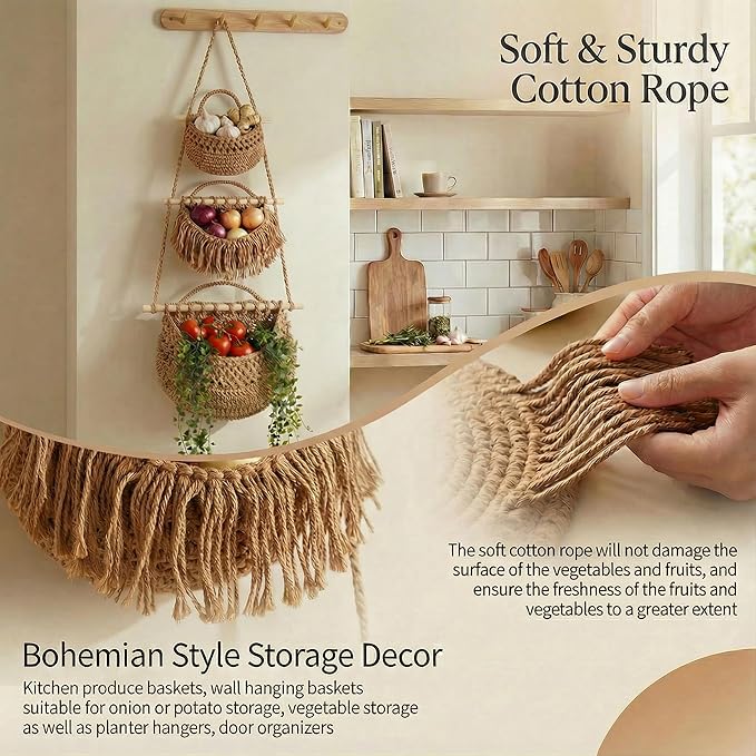3 Tier Hanging Fruit Basket, Jute Wall Baskets Removable, Portable Produce
