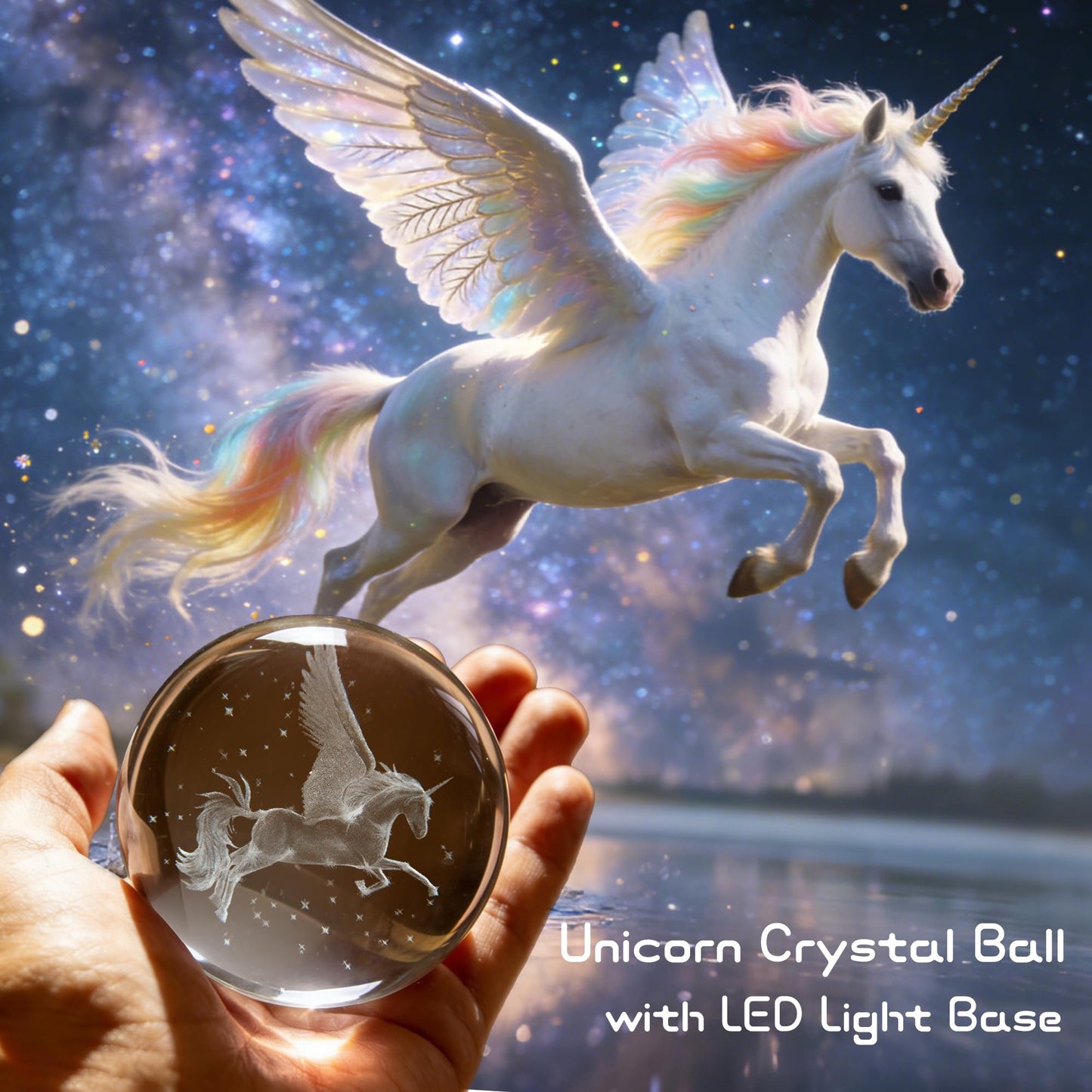 QIANCHANG 3D Unicorn Crystal Ball with LED Stand, 80mm Glass Sphere Night Light Lamp, Crystal Unicorn Figurines Collectibles Gifts for Women Girls Mom Kids