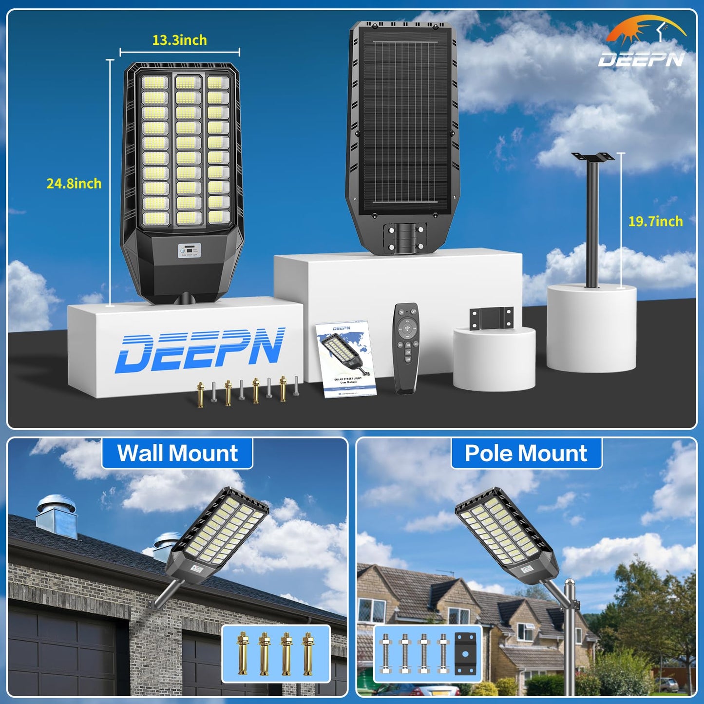 Deepn Solar Street Light, Commercial Grade Solar Lights Outdoor IP67 Waterproof, 8700W LED Flood Security Lights Motion Sensor & Dusk to Dawn Outdoor Lighting for Parking Lots, Streets & Yard, 1 Pack