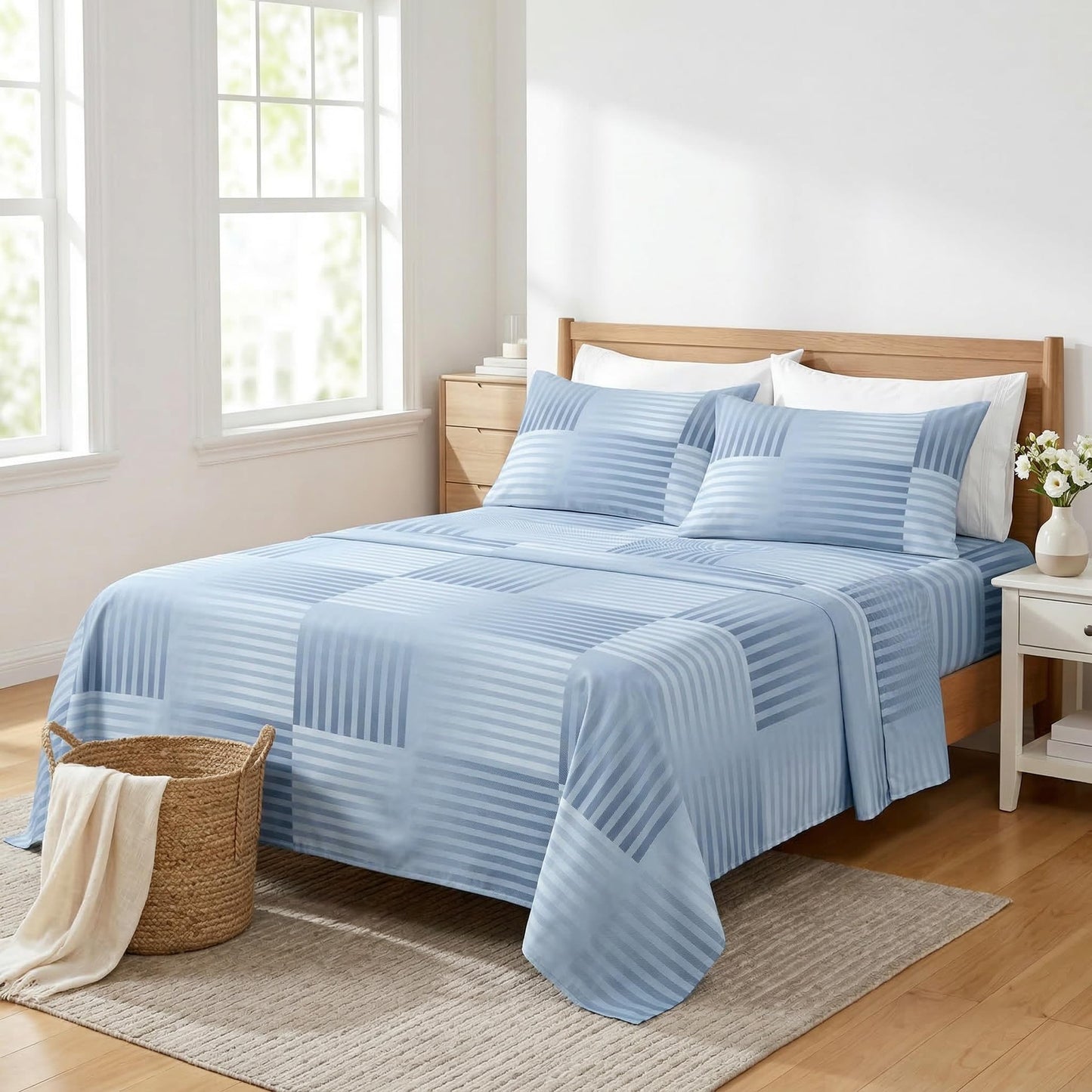 HCORA Striped Queen Sheet Set, Ultra Soft Double Brushed Microfiber Bed Sheets, Deep Pocket, Breathable, Wrinkle Resistant, Easy Care, 4PC, Queen Size