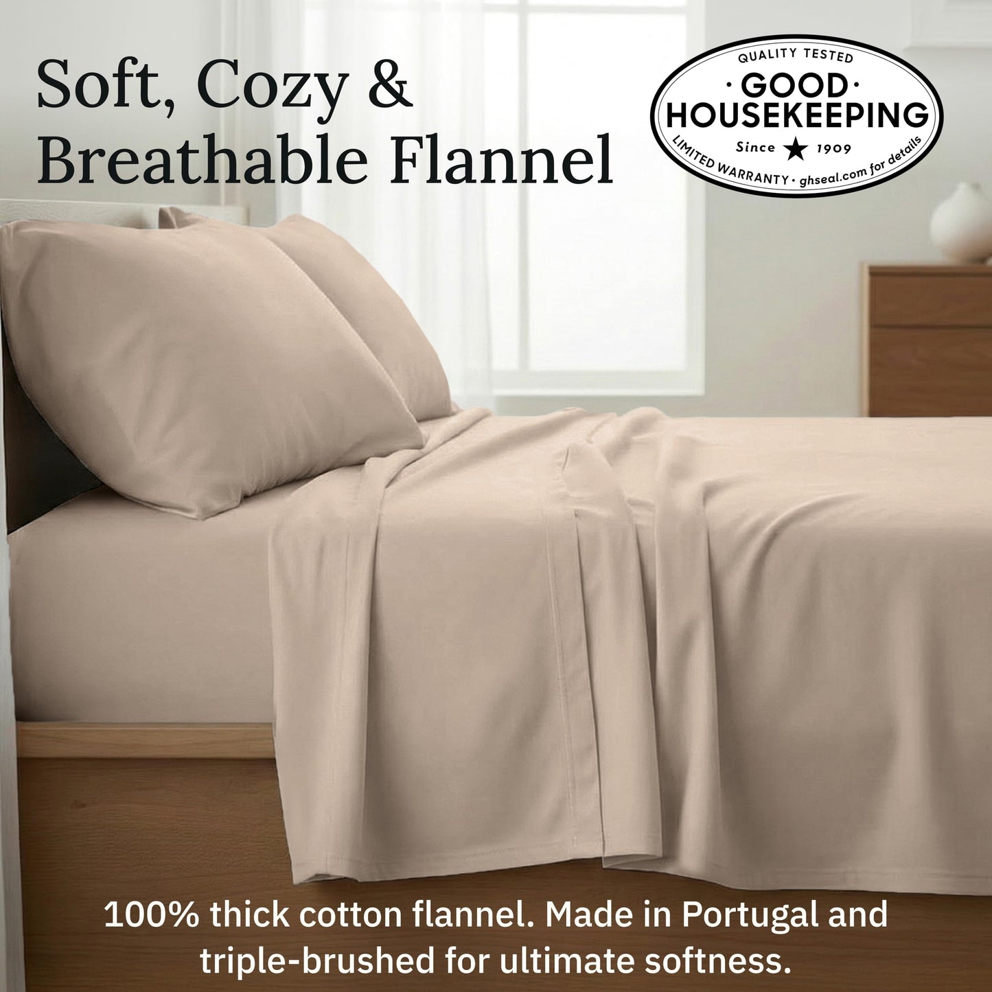 California Design Den Flannel King Bed Sheets Set - Made in Portugal 100% Cotton, Thick, Velvet Soft 4-Piece Flannel Sheets King Size Set, Triple-Brushed with Extra Deep Pockets - Beige Bliss