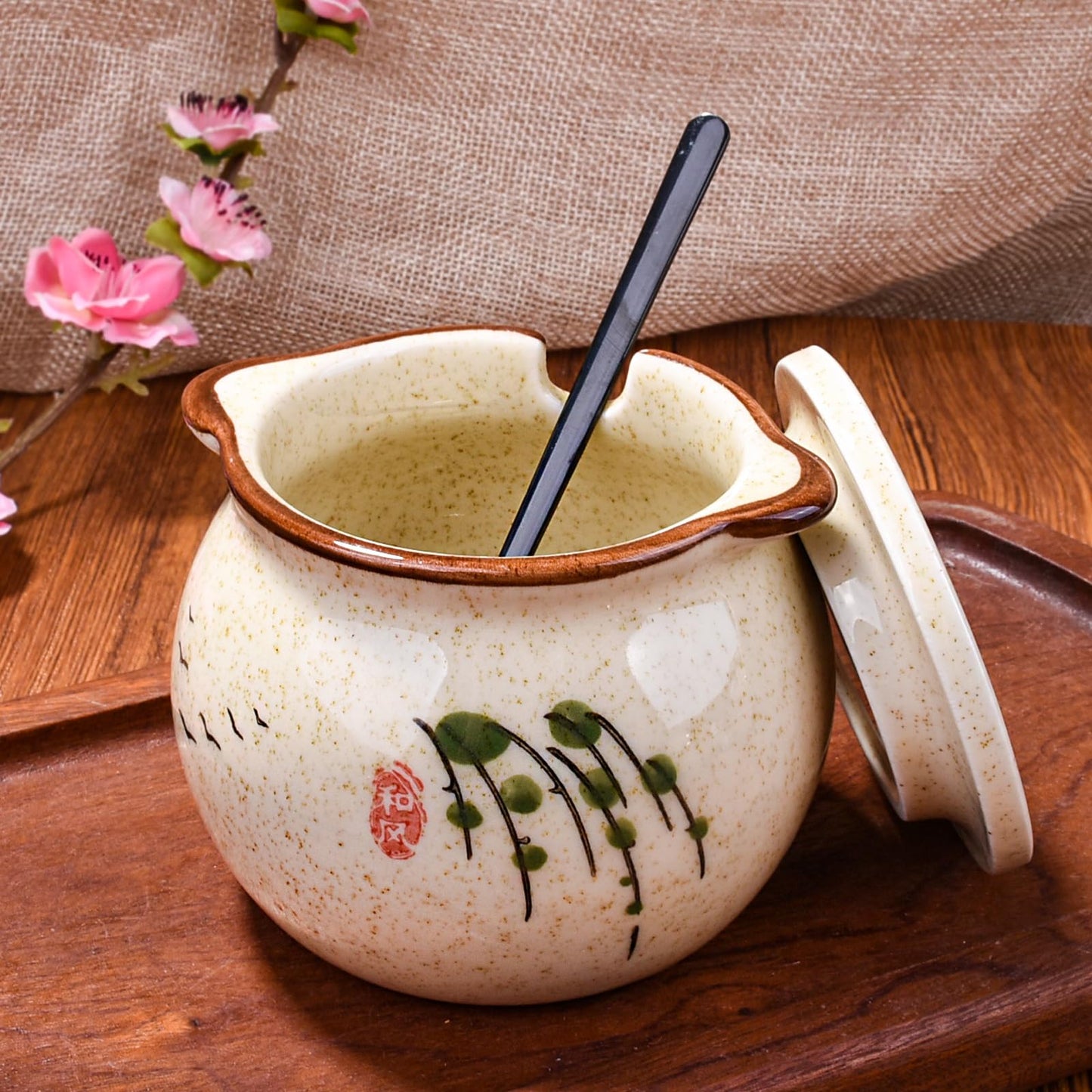 Whitenesser Japanese Willow Pattern Ceramic Sugar Jar & Spice Container with Lid & Stainless Steel Spoon Set – Kitchen Storage, Elegant Sakura Desig