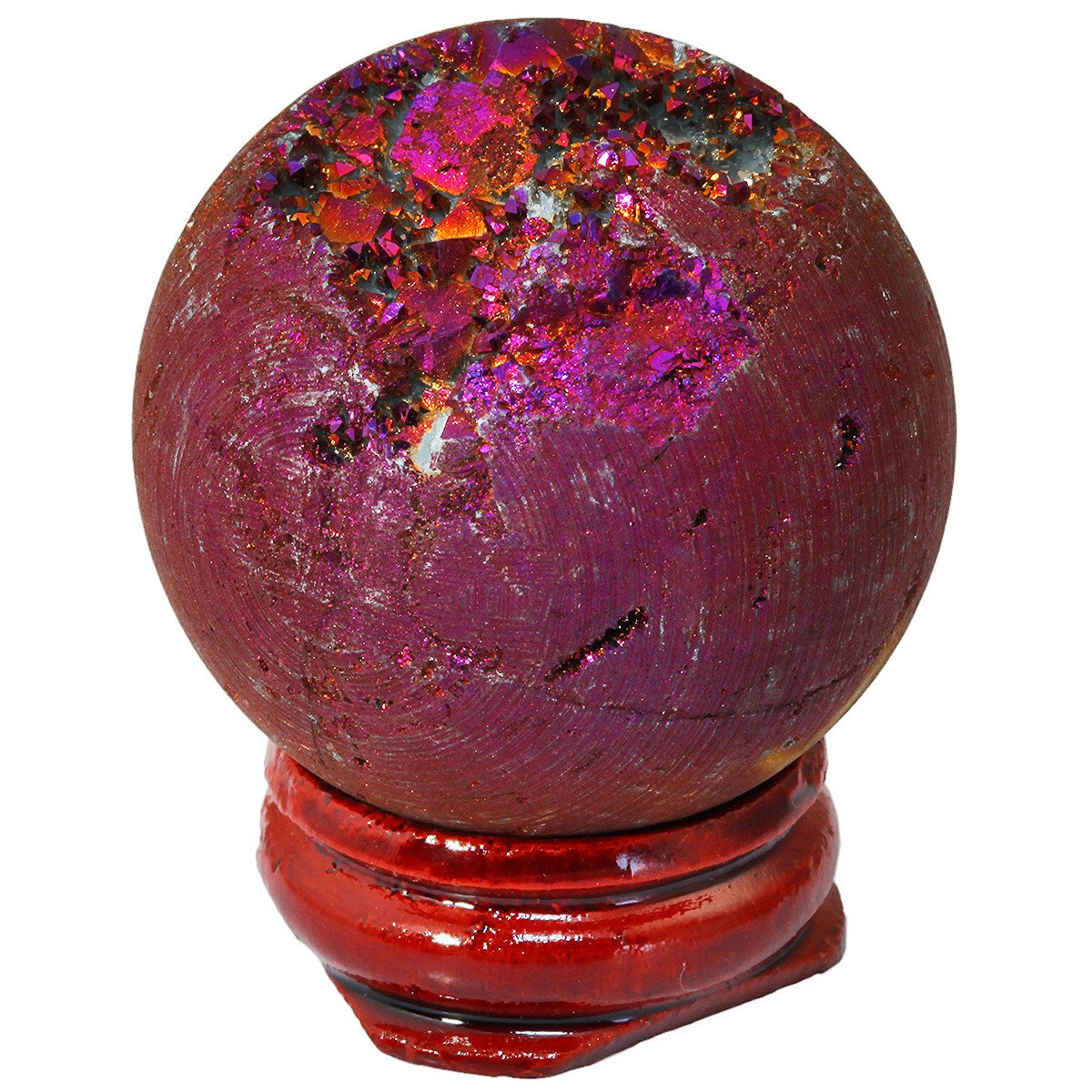 TUMBEELLUWA Druzy Agate Geode Gemstone Titanium Coated Aura Quartz Healing Crystal with Wood Stand Home Decoration,Sphere Ball Shape,Purple