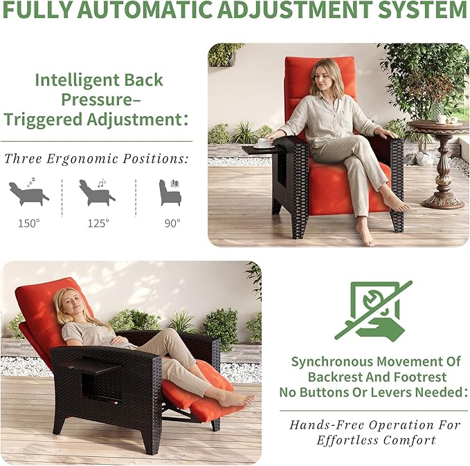 IDEALHOUSE Wicker Outdoor Recliner Reclining Patio Chairs with Adjustable Back & Footrest 150° Lay-Flat Reclining with Air Pump Rattan Flip-Up Side Table Outdoor Lounge Chairs for Pool Deck Balcony