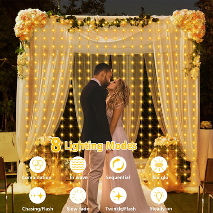 echosari Solar Curtain Lights 7.9ft x 6ft 144 LED Outdoor Curtain Lights Waterproof with Timer 8 Modes for Christmas Garden Patio Fence Wedding Wall Window Gazebo Decor - Warm White