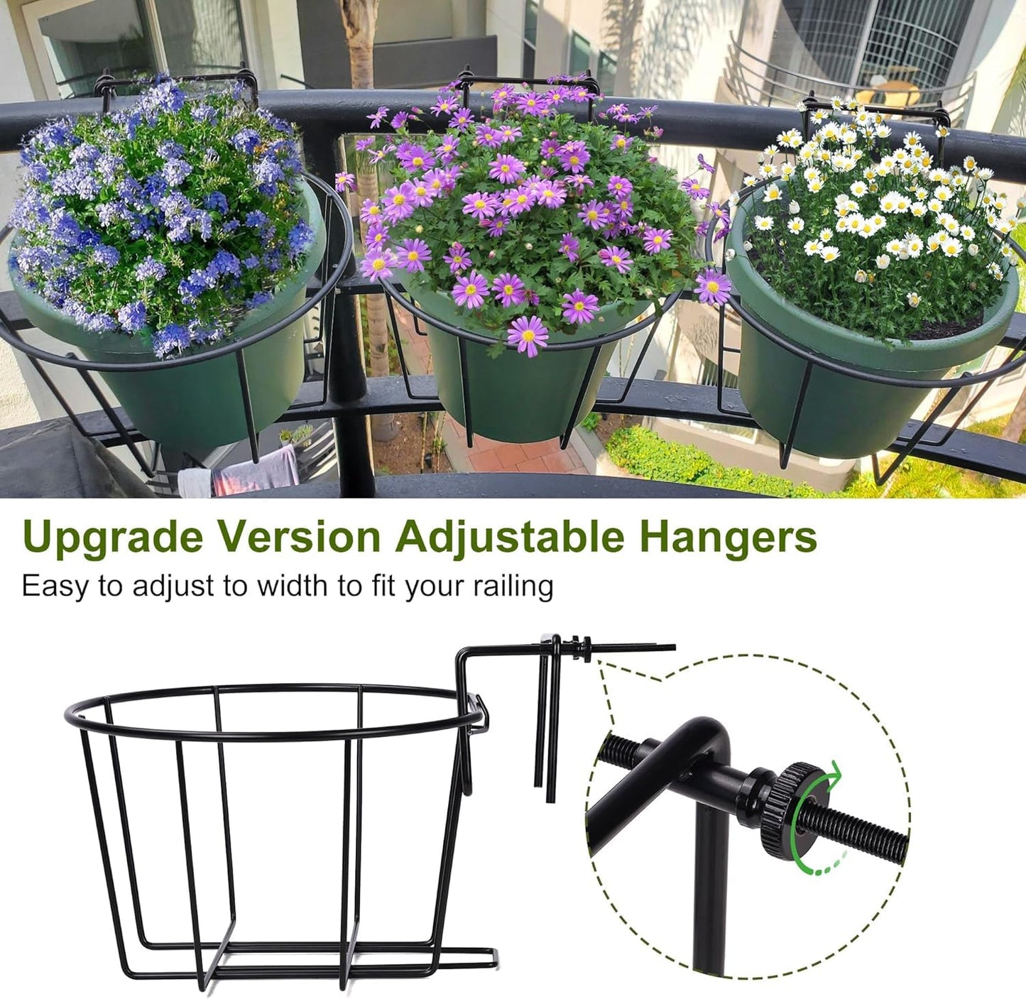 TQVAI Adjustable Hanging Railing Planter for 1.89 to 3.5 Inches Railings - Outdoor Balcony Deck Flower Pot Holder, Metal Baskets for Garden Orchid, Patio Ledge, 3 Pack, Black