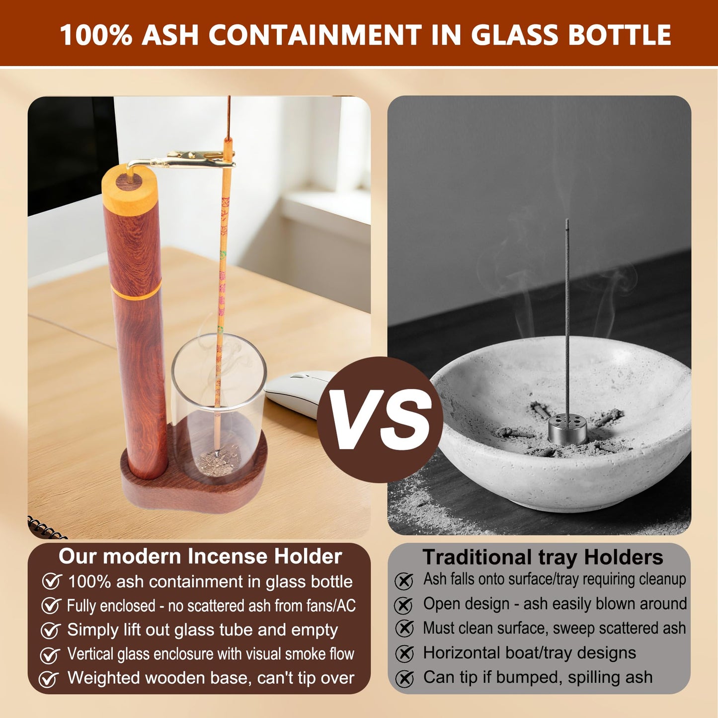Zeckzoin Wood Incense Holder for Sticks with Glass Ash Catcher-Airtight StorageTube,Portable Incense Burner for Yoga Meditation Travel Home Gift