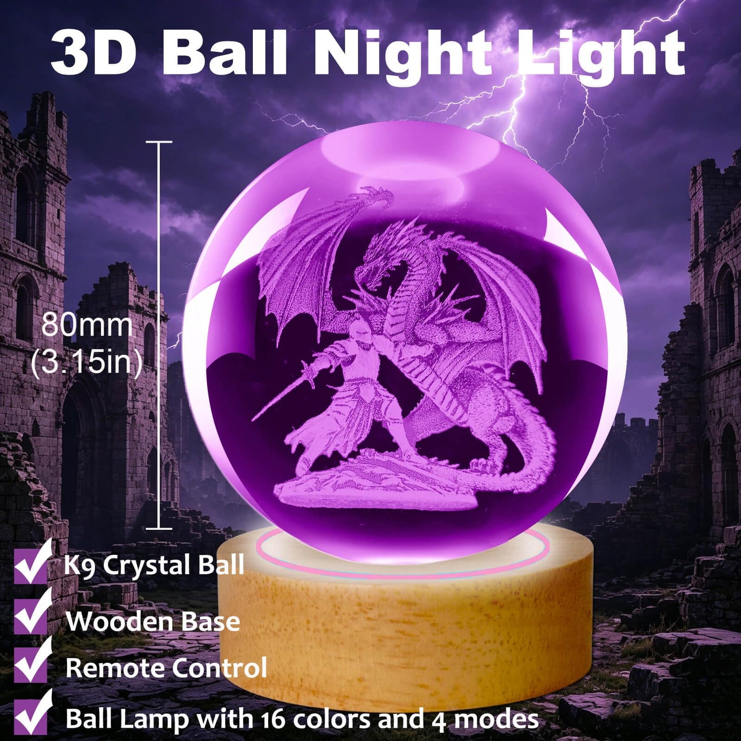 LINSINA 3D Dragon and Knight Lamp, 3.15in 16 Colors Crystal Ball Night Light with Wooden Base and Remote Control, Birthday Gift and Dragon Gifts for Women Men Kids