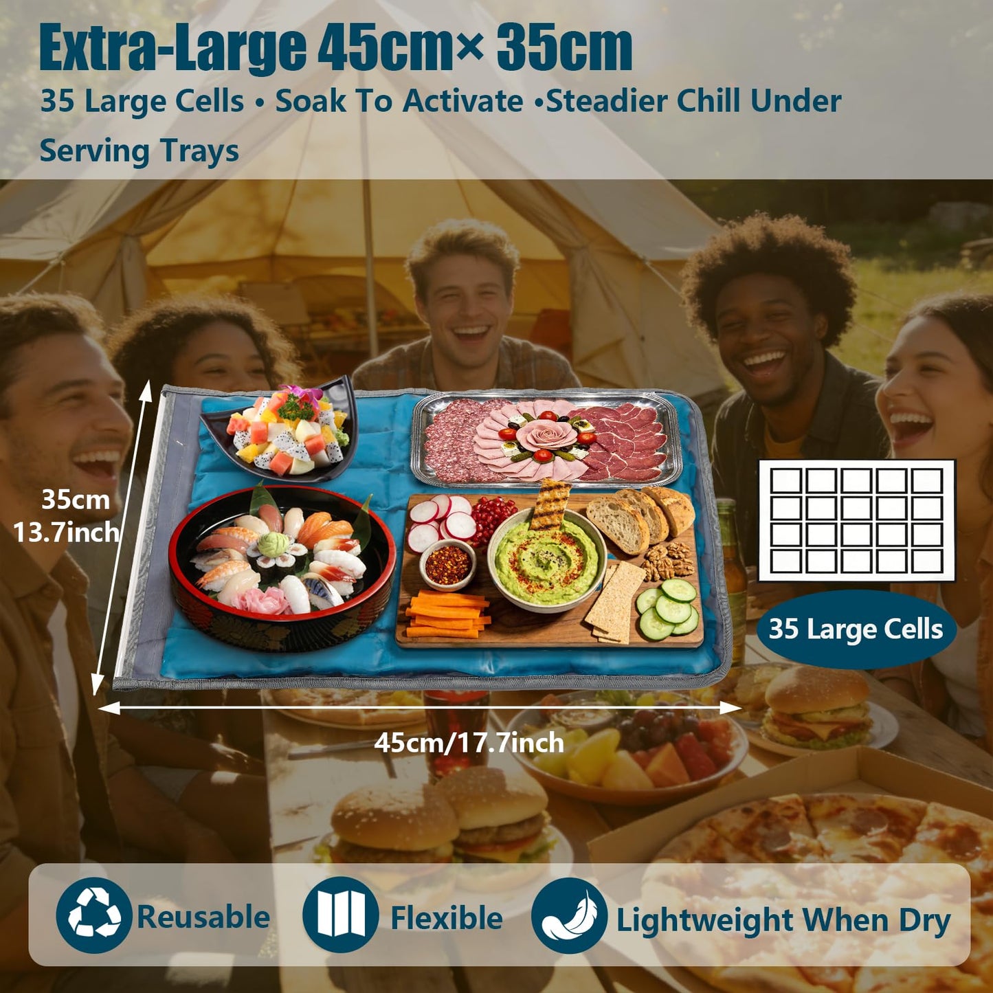 Babeezy Party Mat Chiller Foldable Reusable Cooling Mat with Sleeve, Extra-Large 45×35 cm(Soak-to-Activate) 35 Large Cells Tray Chiller for Charcuterie, Cheese, Shrimp, Sushi, Salads & Dips