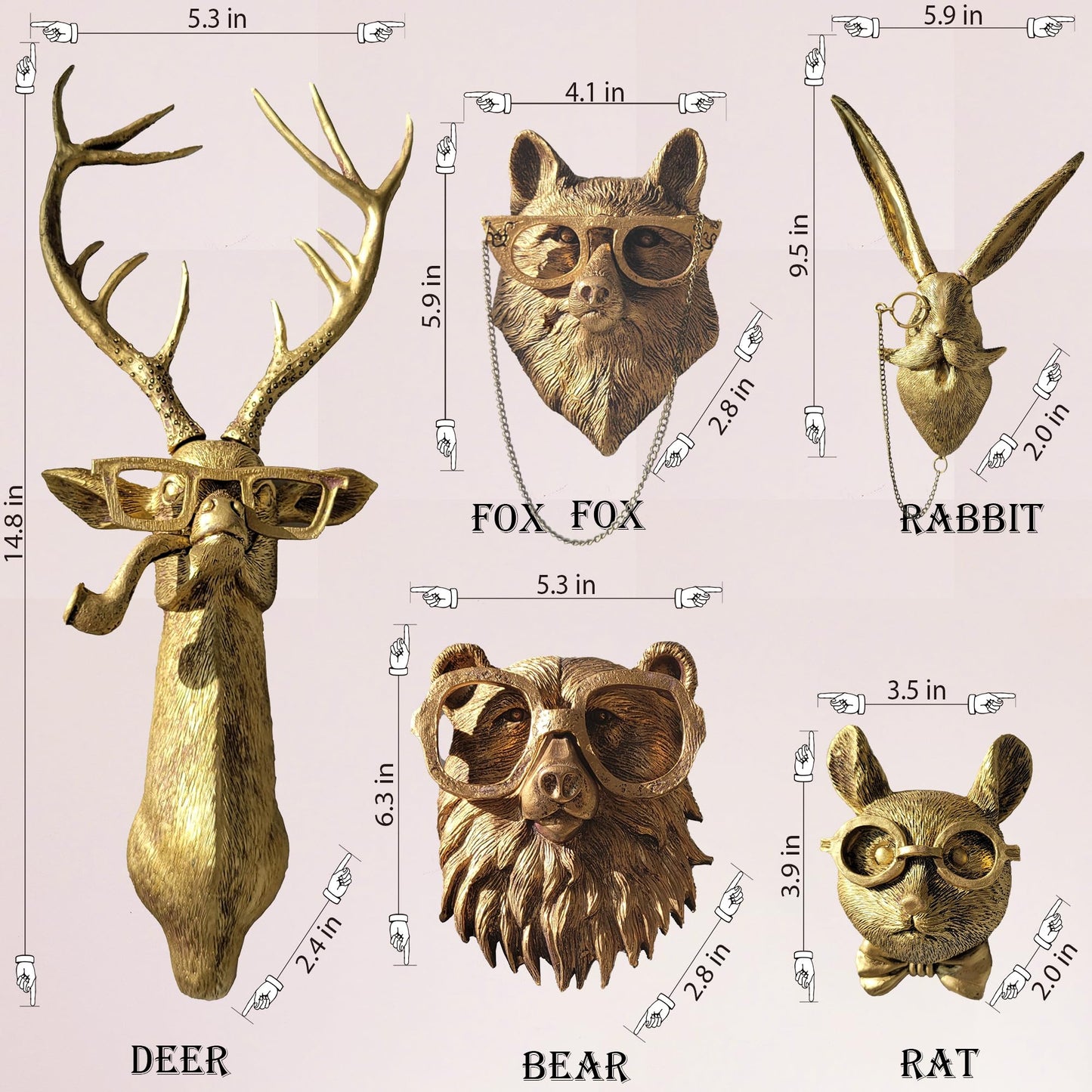 Artocery Brass Animal Head Wall Decor Gold Animal Heads Shaped Wall Hanging for Living Room Bath Room Kitchen Gardening Pub and Bar Decor for Wall Gift Ideas for Woman for Man (5pcs-brass)