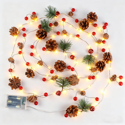 Larber 9.8Ft Christmas Pine Cone String Lights with Red Berries, Bells & Needles 30 LED Battery Operated Prelit Garland for Christmas Home Table Holiday Indoor/Outdoor Decorations