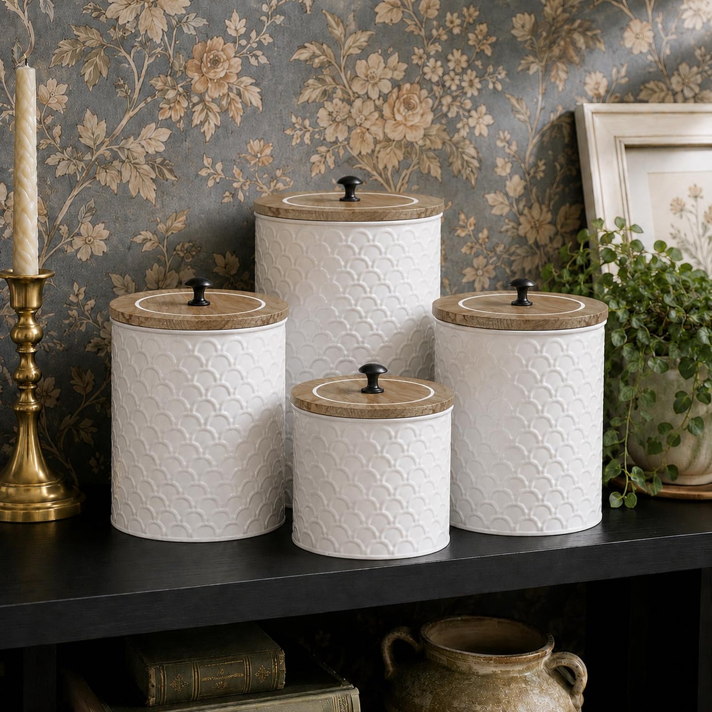 MODE HOME White Metal Kitchen Canister Set of 4 with Wooden Lids, Embossed Fish Scale Storage Containers for Coffee, Tea, Candy & Pet Treats, Farmhouse Decorative Food Jars