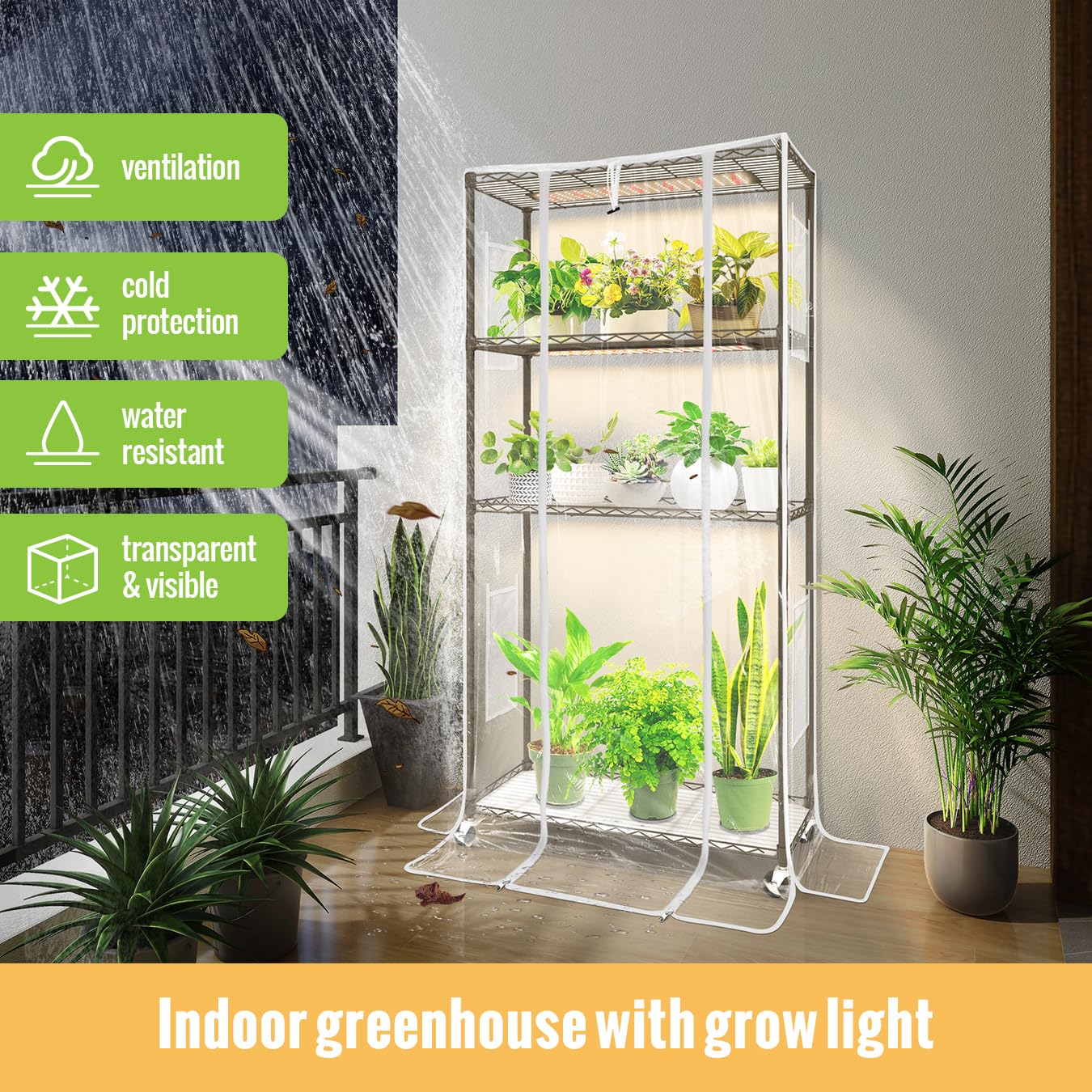 SpeePlant Indoor Greenhouse with Grow Light and Shelves - 4 Tier Plant Stand with Grow Light, Zippered PVC Cover and 3 Dimmable 1.8FT 60W Grow Lights with Timer, 30" L X 14" W X 59" H, Black
