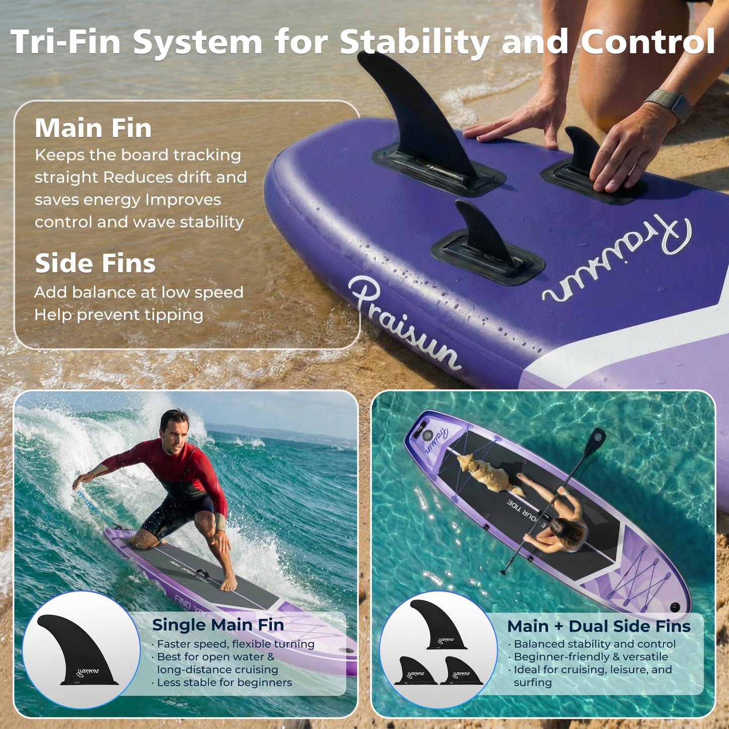 PRAISUN 12’ x 35” Inflatable Paddle Board, 450lbs Extra Wide Stand Up Paddleboard for Youth/Adults of All Skill Levels, Stable SUP with Seat & Full Kit, for Fishing, Yoga, Lake & Ocean, Purple