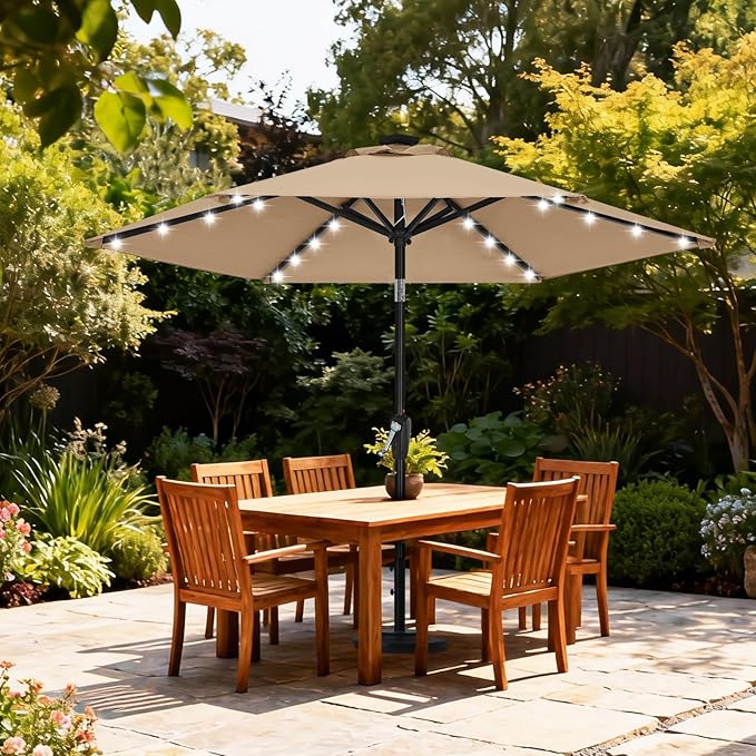 ABCCANOPY Durable Solar Led Patio Umbrellas with 24LED Lights 7.5FT with 6 Sturdy Ribs (Tan)