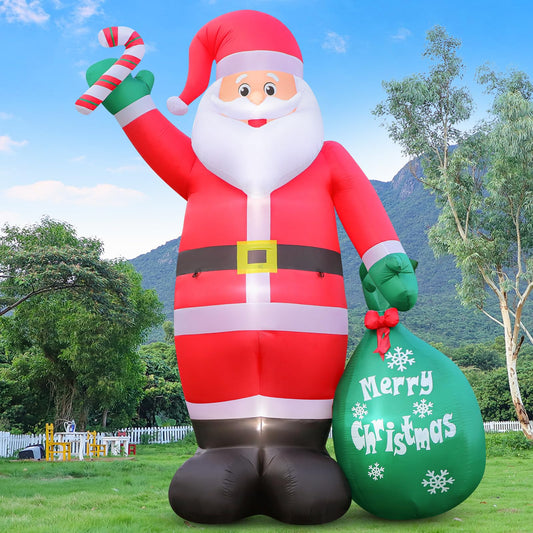 12FT Giant Christmas Inflatable Santa Claus with Candy Cane and Gift Bag Yard Decors, Easy Installation and Storage, Built-in Bright LED Lights for Xmas Outdoor Garden Lawn Holiday Party Decoration