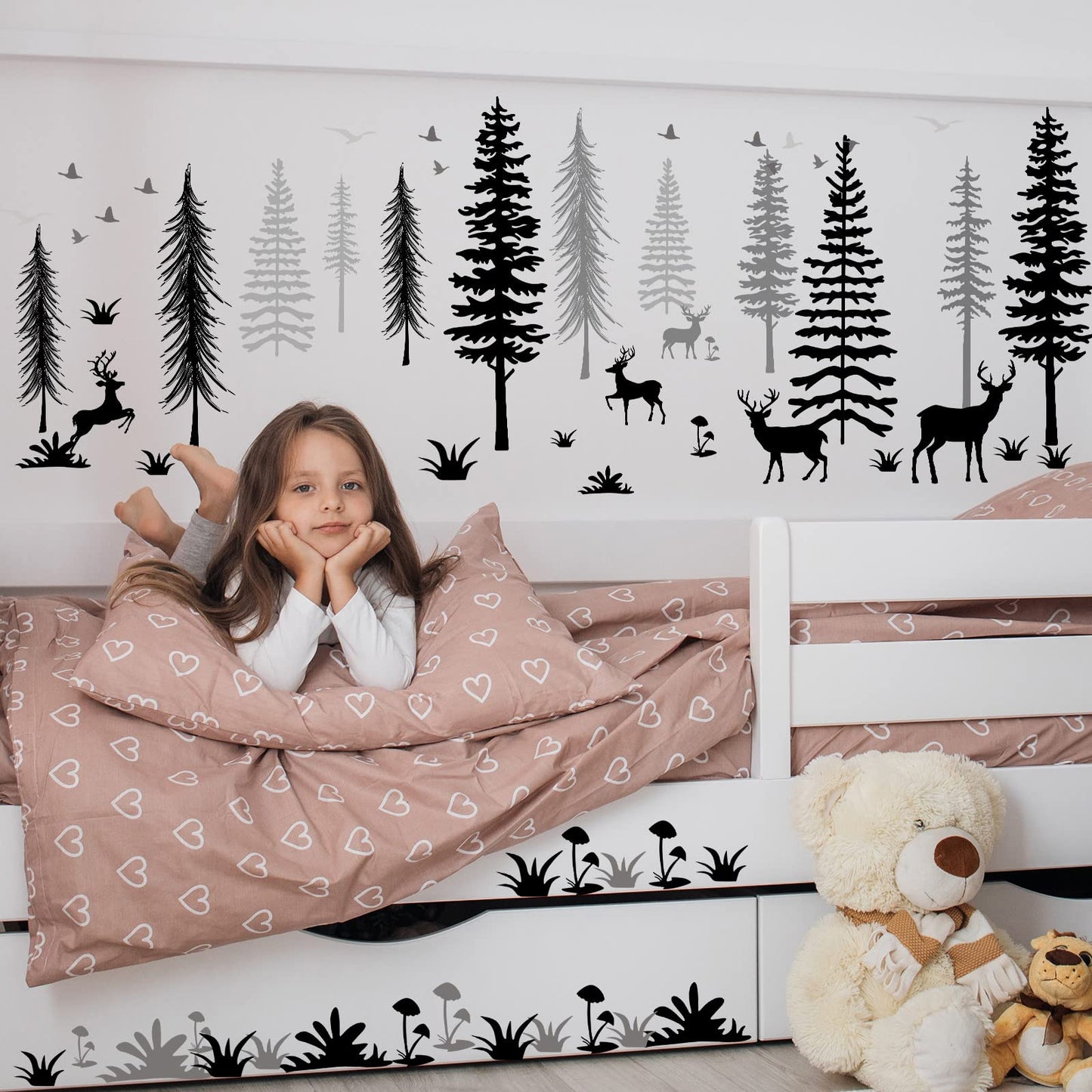 Teling 8 Pieces Winter Snowflake Wall Decals Stickers Dreamy Nursery Forest Woodland Trees Deer Pine Tree Wall Decals for Kids Room Winter Decor(Black, White, Gray)