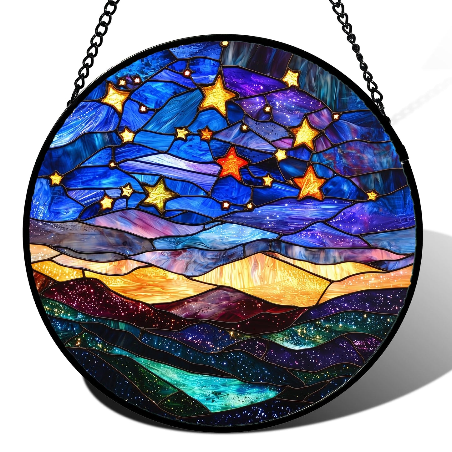 JOSUMALY Stained Glass Window Hanging, Blue Sky Gold Stars Abstract Landscape Suncatcher for Doors Window Home Sun Catchers Decor Mother's Day Birthday Gifts for Women, Men Mom 11.8 in