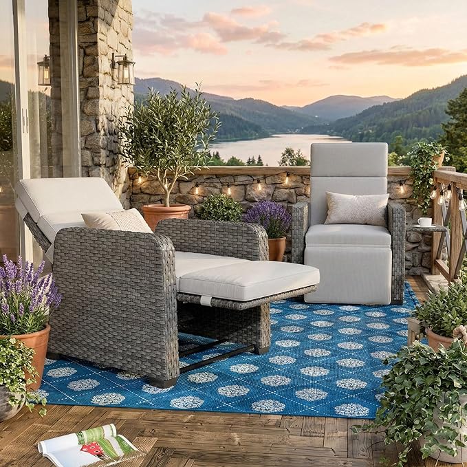 WACASA Outdoor Recliners Set of 2 with Independent Dual-Control – 150° Lay-Flat Wicker Patio Armchair with Air Pump, Flip-Up Side Table, Extended Footrest & 5" Thick Fade-Resistant Olefin Cushions