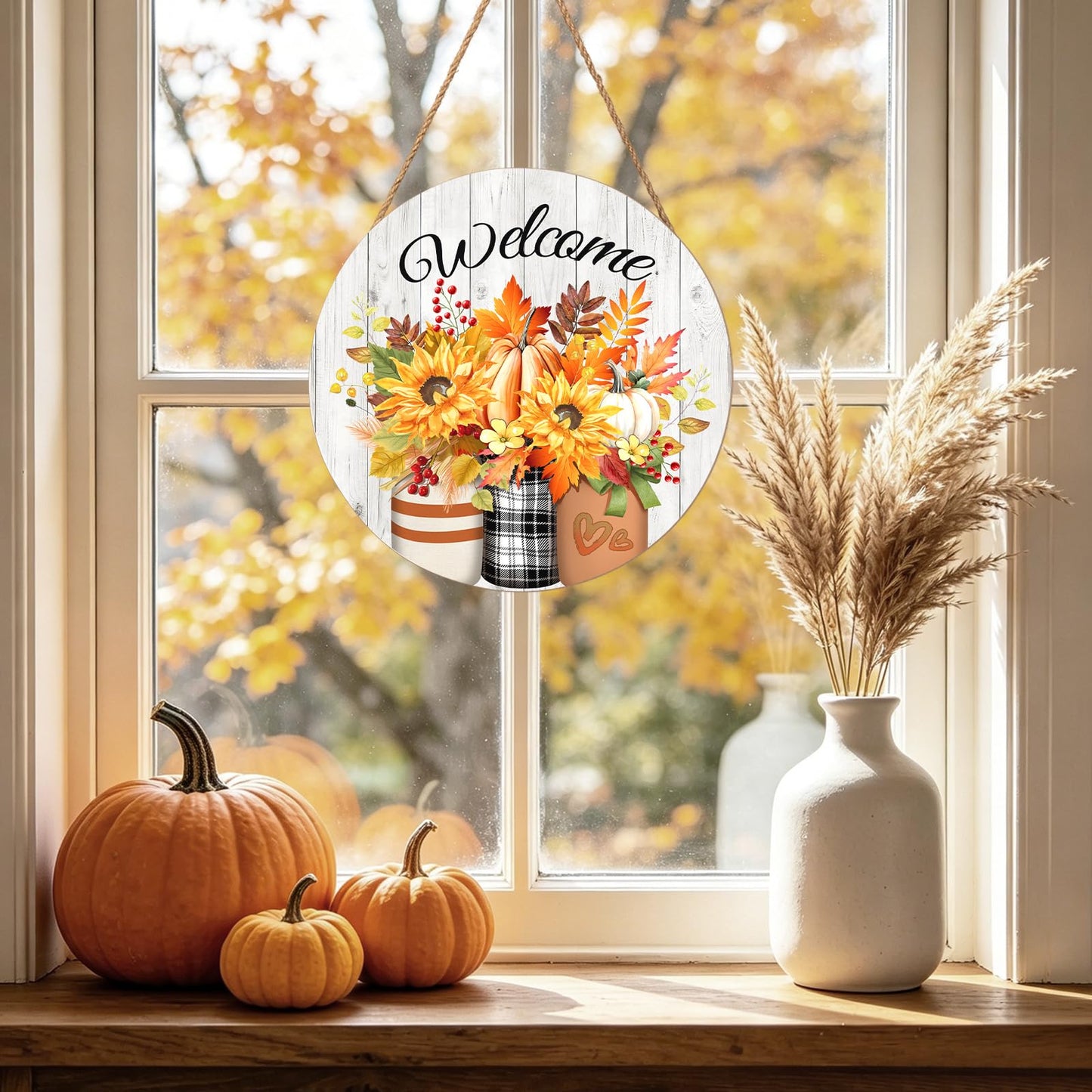 Harooni Fall Welcome Sign Door Sign 12"x12" Rustic Fall Decorations Hanging Door Sign Thanksgiving Farmhouse Welcome Round Wooden Sign for Home Front Door Wall Porch Yard Garden