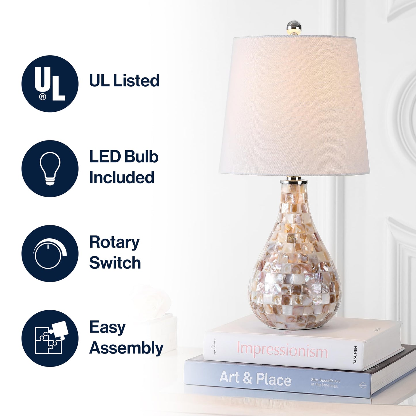 JONATHAN Y 20.5" Seashell Coastal Mini LED Table Lamp for Living Room Office, White Linen Drum Shade, Modern Mother of Pearl Bedside Nightstand Lamp, LED Bulb Included JYL1024A