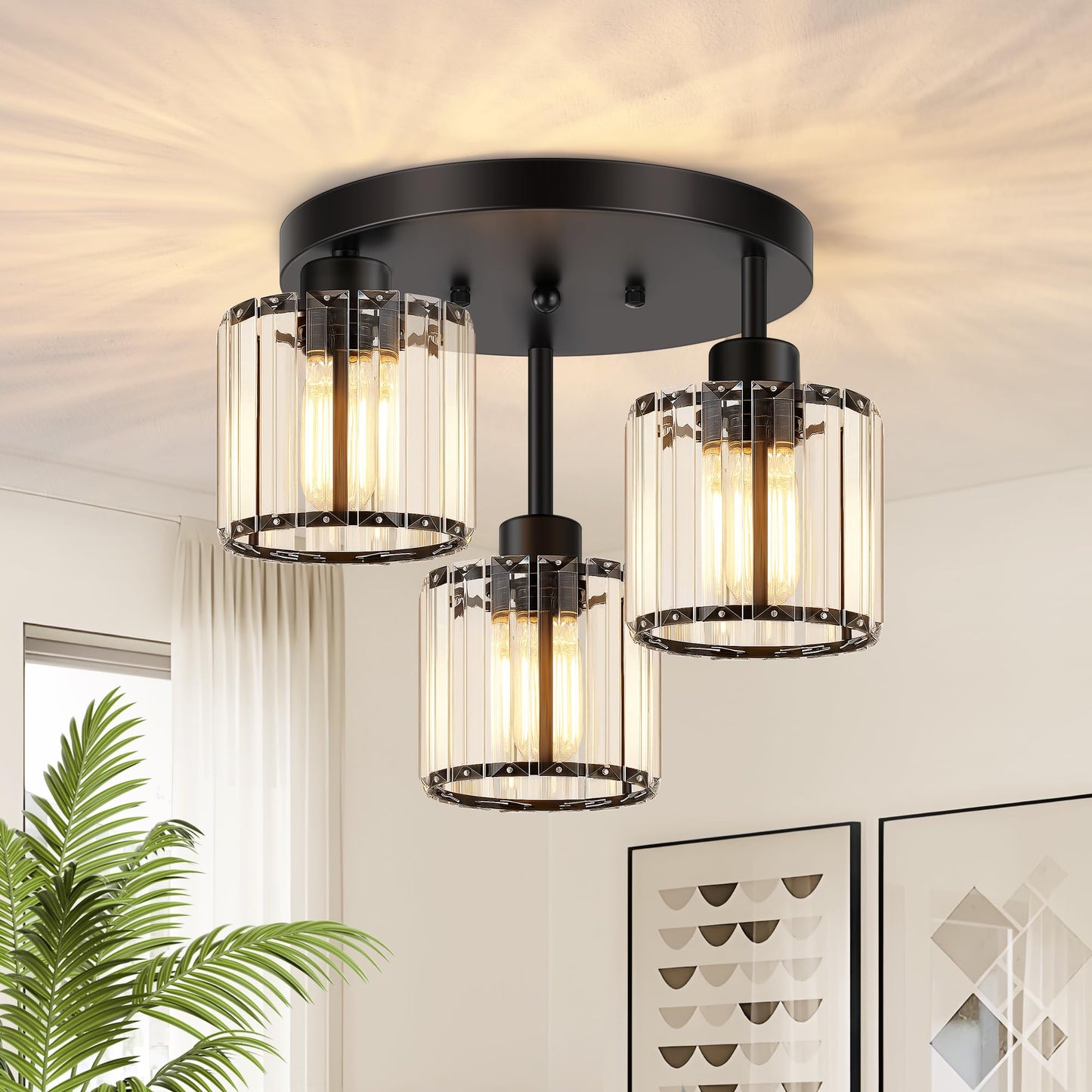 Btvsd 3-Light Crystal Semi Flush Mount Ceiling Light, Black Kitchen Lighting Fixtures Ceiling, Modern Hallway Light Fixtures with Clear Crystal Shades, Close to Ceiling Lamp for Bedroom Foyer Entryway