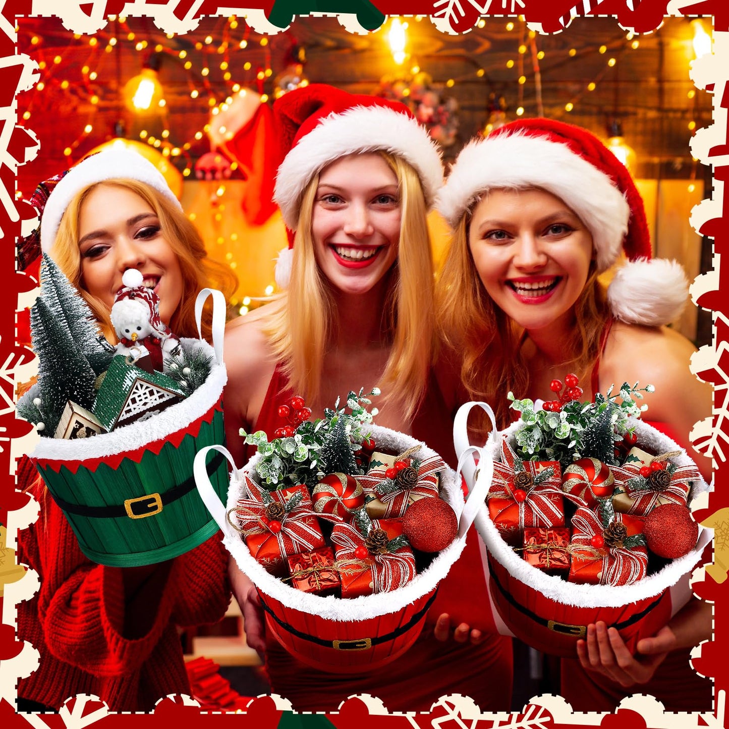 Youyole 4 Pieces Christmas Basket for Gifts Woven Bamboo Xmas Round Gingerbread Basket Small Santa Claus for Christmas Party Supplies Gift Snack Storage(Tall and Handle)
