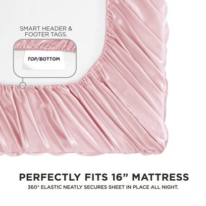 Juicy Couture Full Size Silk Satin Bed Sheet Set, Deep Pocket Silky Full Sheet Set with 1 Fitted Sheet, 1 Flat Sheet and 2 Pillow Case, Wrinkle Resistant and Anti Pilling Bed Sheets - Pink