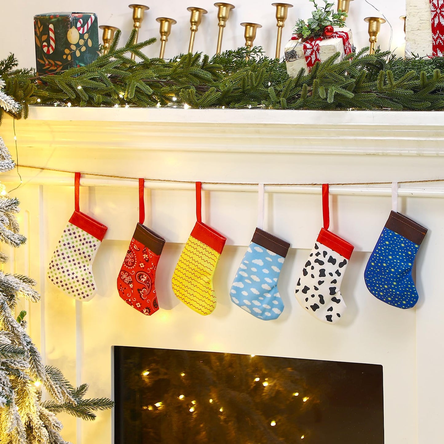 Realspring 24 Pack Christmas Mini Cartoon Stockings 6 Inch Christmas Cow Blue Sky White Cloud Hanging Tree Ornament Stockings Filling Gift Fireplace Decorations Supplies for Xmas Holiday Present