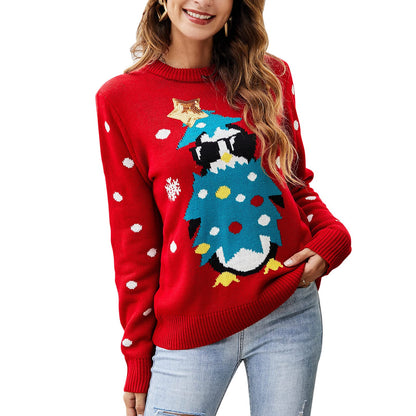 IFFEI Womens Ugly Christmas Sweater Novelty Print Crew Neck Sweater Penguin-Red M
