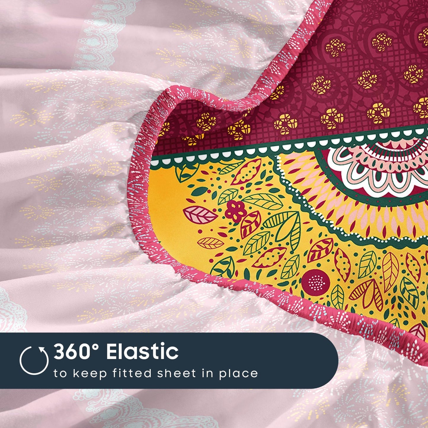 Wake In Cloud - Boho Bed Sheets, 4-Piece Sheet Set, Bohemian Chic Medallion Colorful Hippie Aesthetic Bedding, Deep Pocket, Burgundy, Queen Size