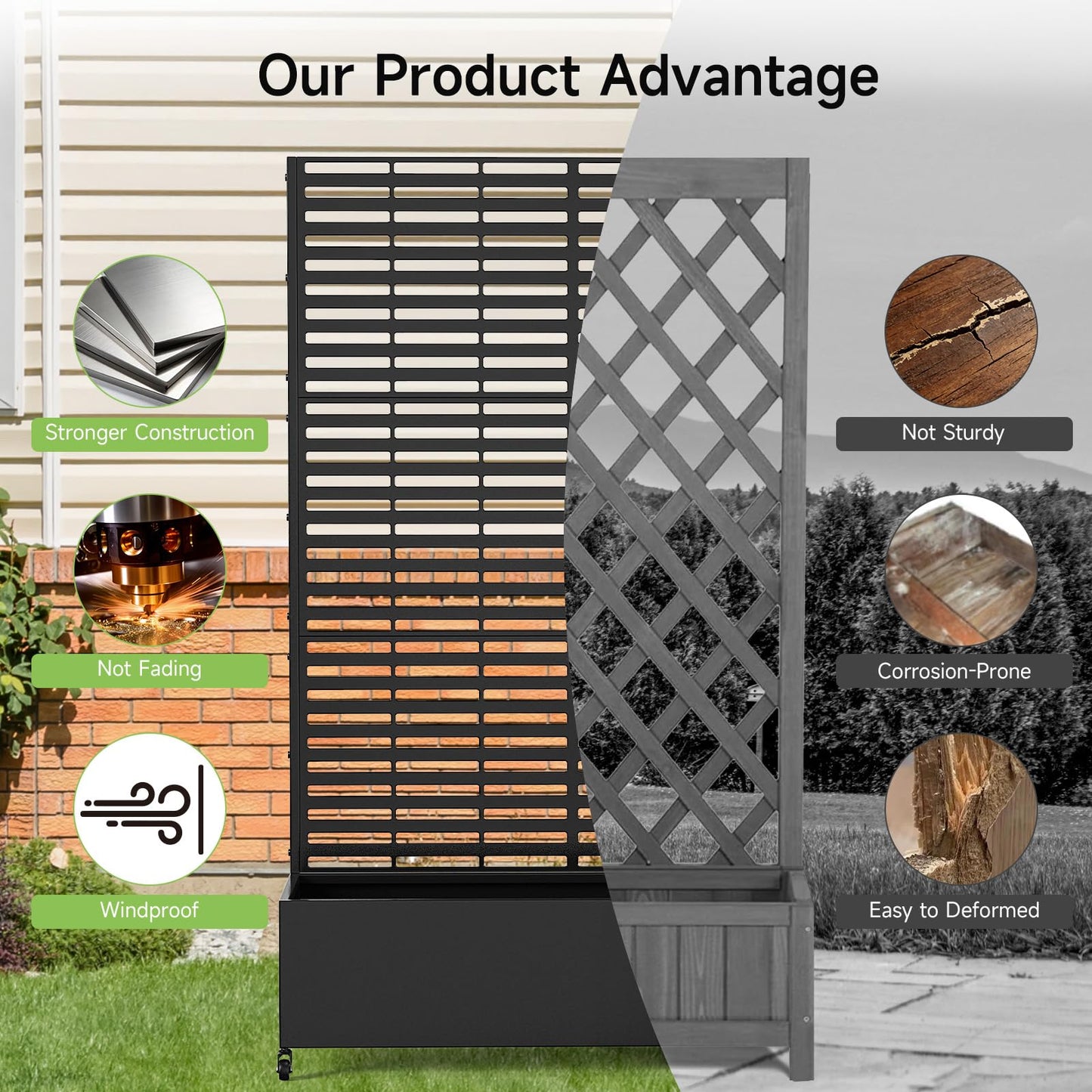 Metal Raised Garden Bed with Trellis and Wheels, 73" x 47" x 16" Planter Box with Trellis with Drainage Holes, Privacy Planters for Patio with Privacy Screen for Climbing Plants Flower Vegetables