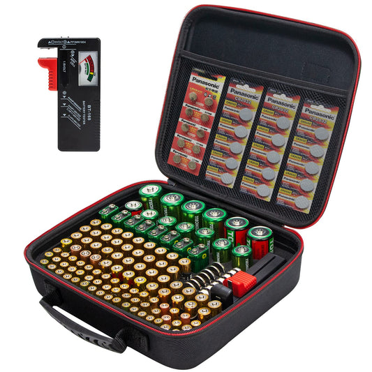 Glamgen Battery case organizer with Tester (BT168), Battery Storage case Holds 126 Batteries Various Sizes AAA AA C D 9V Lithium 3V, Batteries Holder Organizer