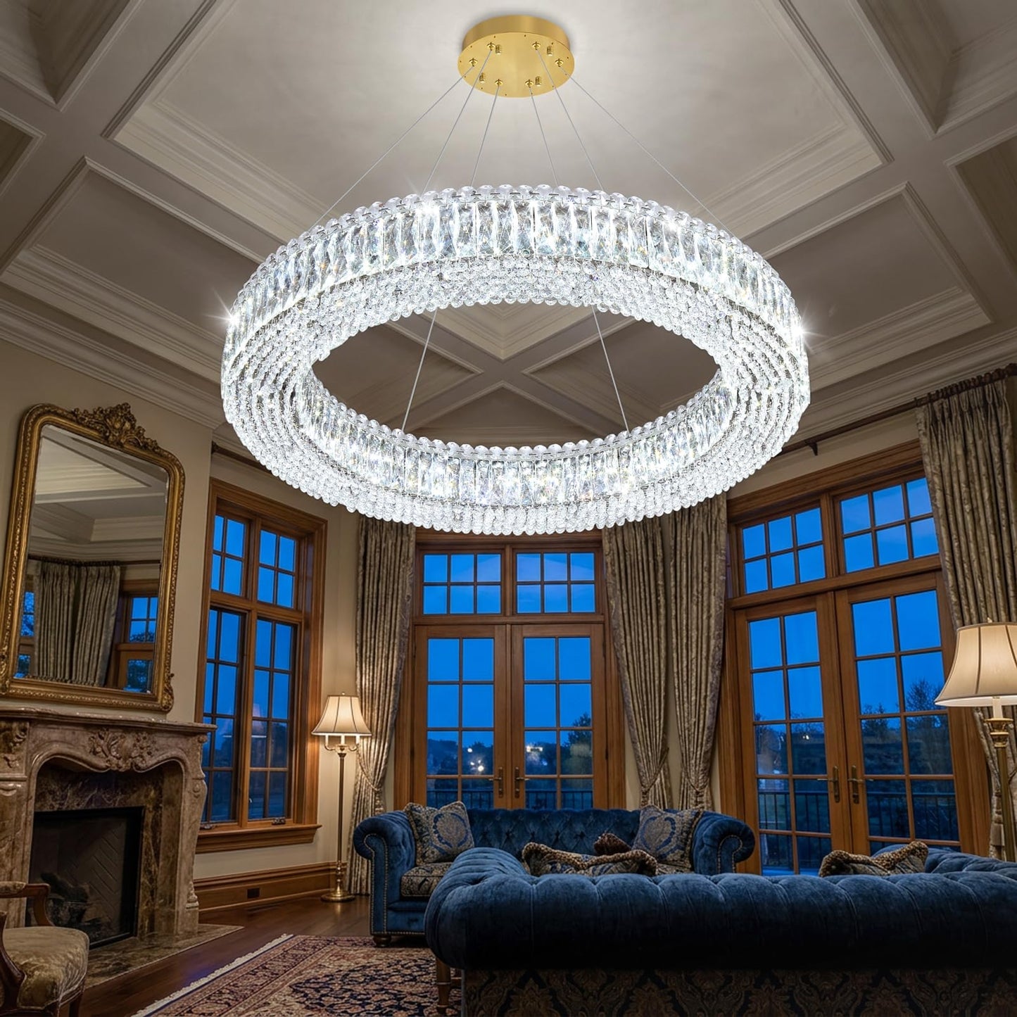 dolria Modern Crystal Chandeliers for Living Room Dimmable LED Pendant Lighting for Dining Room Ring Handing Light Fixture for Bedroom Foyer Gold