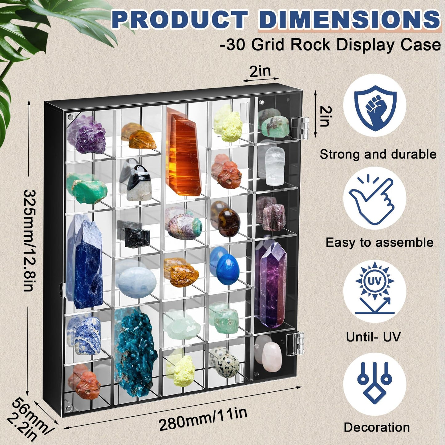 Cinnvoice Rock Display Case Adjustable 30 Grids Acrylic Display Case with Mirrored Crystal Organizer for Collectible, Crystal, Stones, Wall Mountable, Magnetic Door (Black Border, Square)