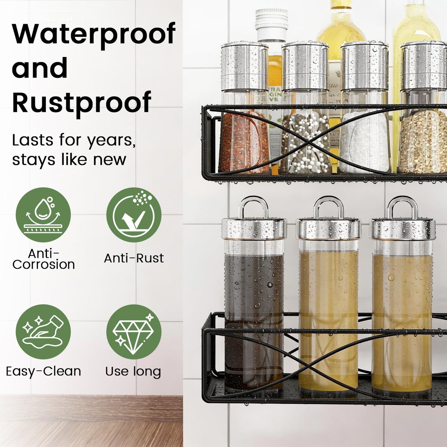 Mixoo Spice Rack Organizer Tension Pole, 4-Tier Adjustable Spice/Seasoning Organizer for Kitchen Countertop, Space-Saving Spice Storage Corner Shelf for Kitchen, Coffee Area, 16.5-23.6 Inch, No Drill