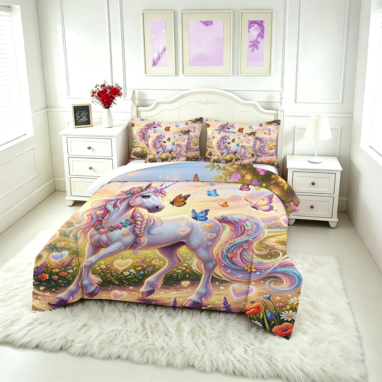 FUYEUN Unicorn King Comforter Set with Sheets for Kids Boys Girls Dreamy Rainbow Print 7 Pieces Cute Bedding Set Cartoon Animal Bed in a Bag Princess Room Decor