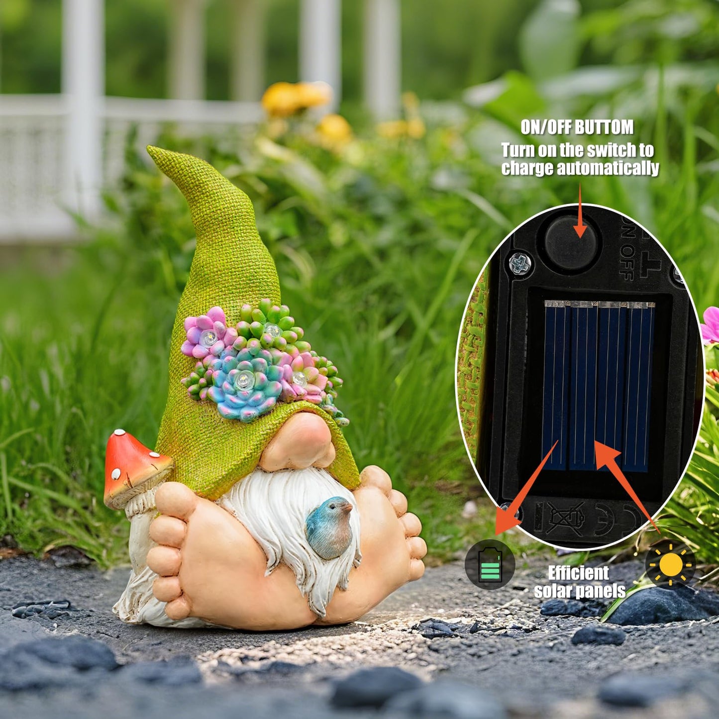 Joint Honglin Solar Succulent Gnome Garden Statue, Lighted Succulent Hat Gnome with Bird, Resin Fairy Garden Decor, Outdoor Waterproof Garden Gnome Figurine for Yard Lawn Patio Porch