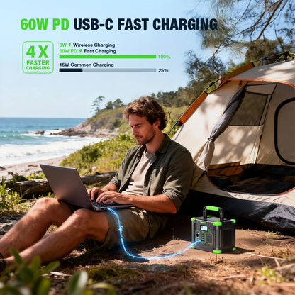 Portable Power Station 330W 288Wh Solar Generator with 60W USB-C PD Fast Charging, Pure Sine Wave AC Outlet, 5W Wireless Charger, LED for Camping, RV, CPAP, Home Emergency Backup, Off-Grid Living