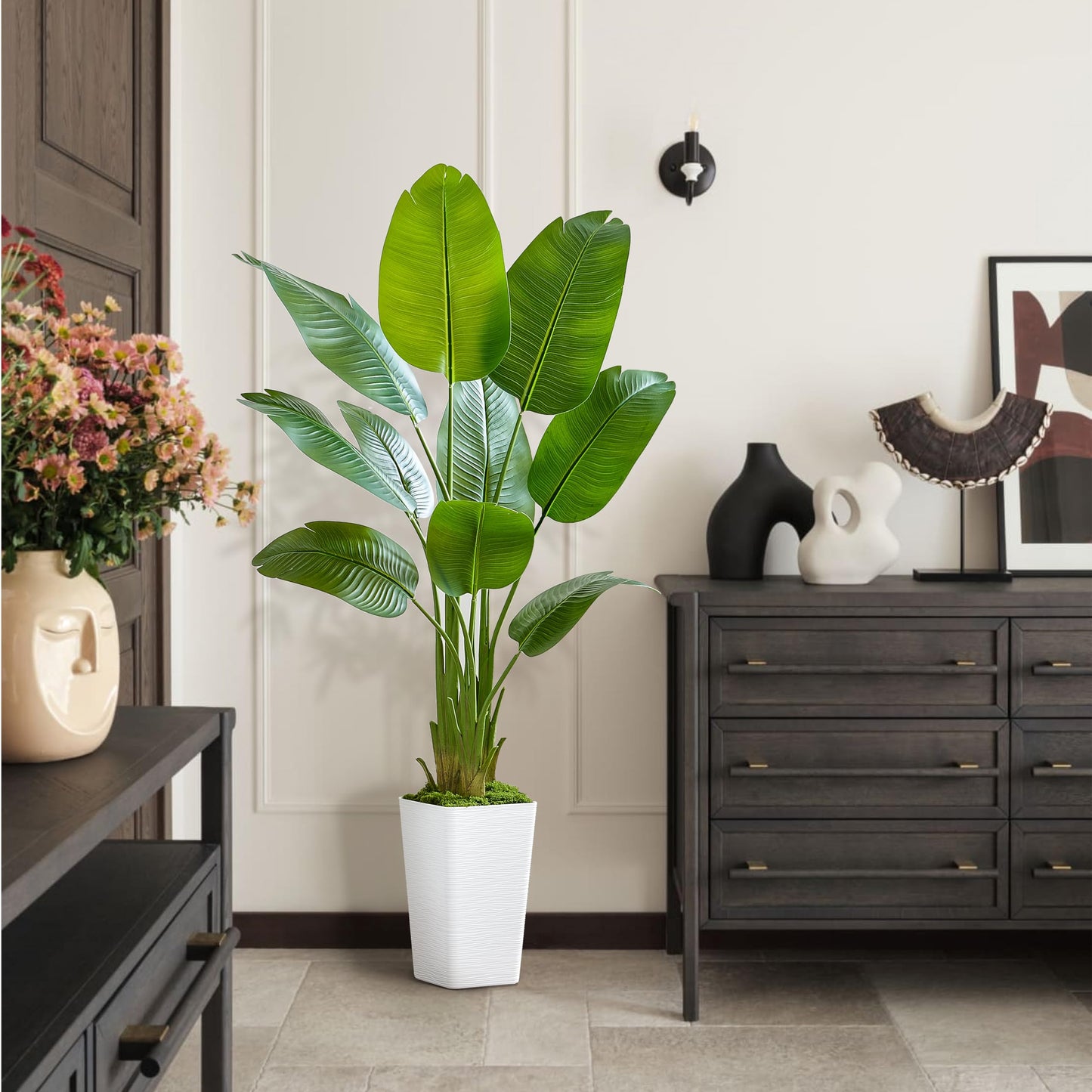 Bird of Paradise Artificial Plant, 5FT Faux Plants Indoor Banana Leaf Tree with 9 Leaves, Large Fake Tropical Potted Indoor Silk Floor Plant with White Tall Planter for House,Office,Room,Home Decor