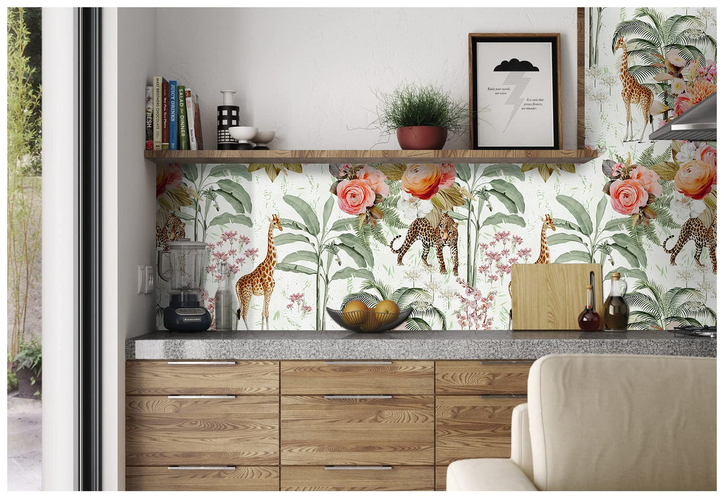 HAOKHOME Forest Peel and Stick Floral Wallpaper Jungle Animal Removable White/Green/Pink Vinyl Self Adhesive Mural 17.7in x 9.8ft
